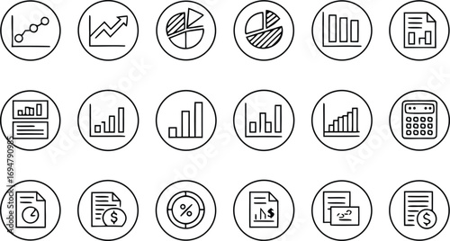 Modern Line Icons: Financial Charts, Graphs, Reports, and Calculator for Business Presentations.