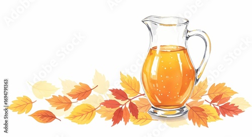 Glass pitcher of orange juice with autumn leaves on white background  