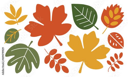 Autumnal Foliage Collection Diverse Leaf Shapes and Colors Isolated on White Background Vector
