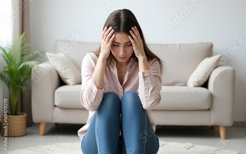 Stressful woman sitting sadly with emotional depression and anxiety on the floor in home living room with white wall. High quality