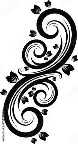 Elegant swirling black and white floral flourish vector illustration, decorative vintage scroll ornament with abstract leaves, graceful design element for graphic projects.