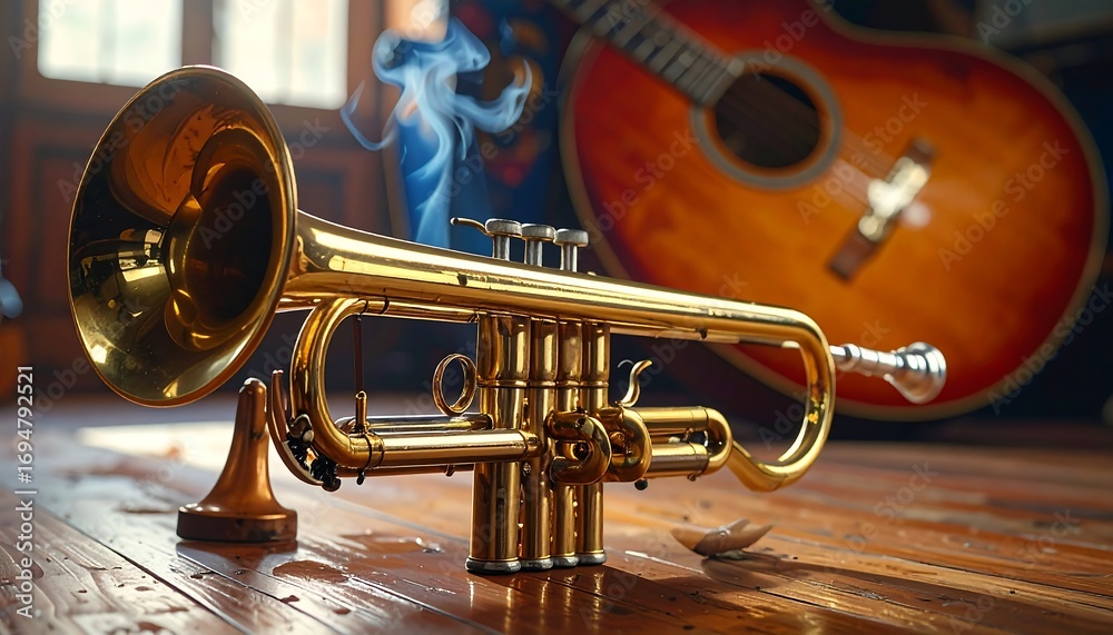 Naklejka premium A polished brass trumpet sits on a wooden surface, alongside a rich, warm-toned acoustic guitar.