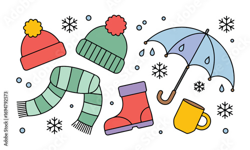 Winter Warmth Collection Cozy Season Essentials Hat Scarf Umbrella Boot and Mug Vector Illustration
