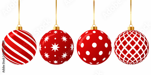 Four red christmas ornaments with white patterns hanging on gold cords against a white background