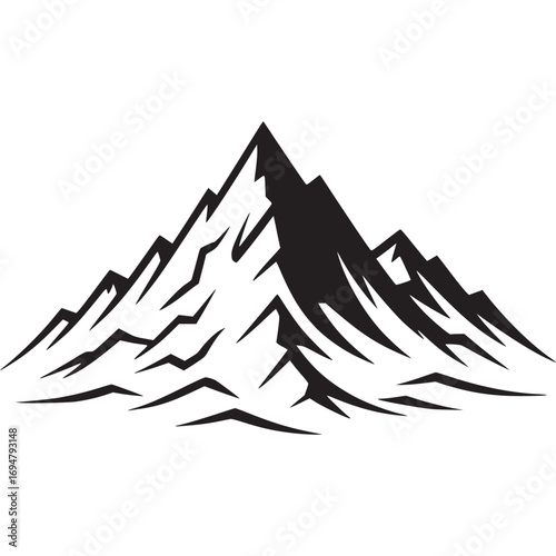 Vector art of stylized black and white illustration of a jagged mountain range, , evoking a sense of adventure and natural grandeur