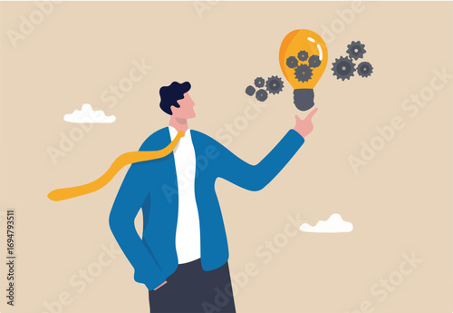 Innovation idea, creativity or imagination for business success, smart businessman presenting innovative lightbulb with cogs and gears to invent new technology to solve business problem