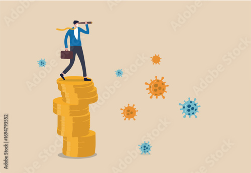Investment opportunity in stock market, business to survive and win in Coronavirus COVID-19 outbreak economy crisis concept, businessman leader standing on money coins using telescope to vision future
