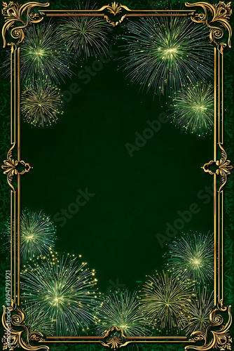 Festive green background adorned with golden fireworks, perfect for celebration invitations