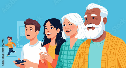 A diverse family enjoys showing off the progress of new technologies together at home.
