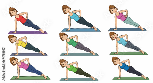 Set of images of woman calmly practicing yoga poses, with different facial expressions, on white background.