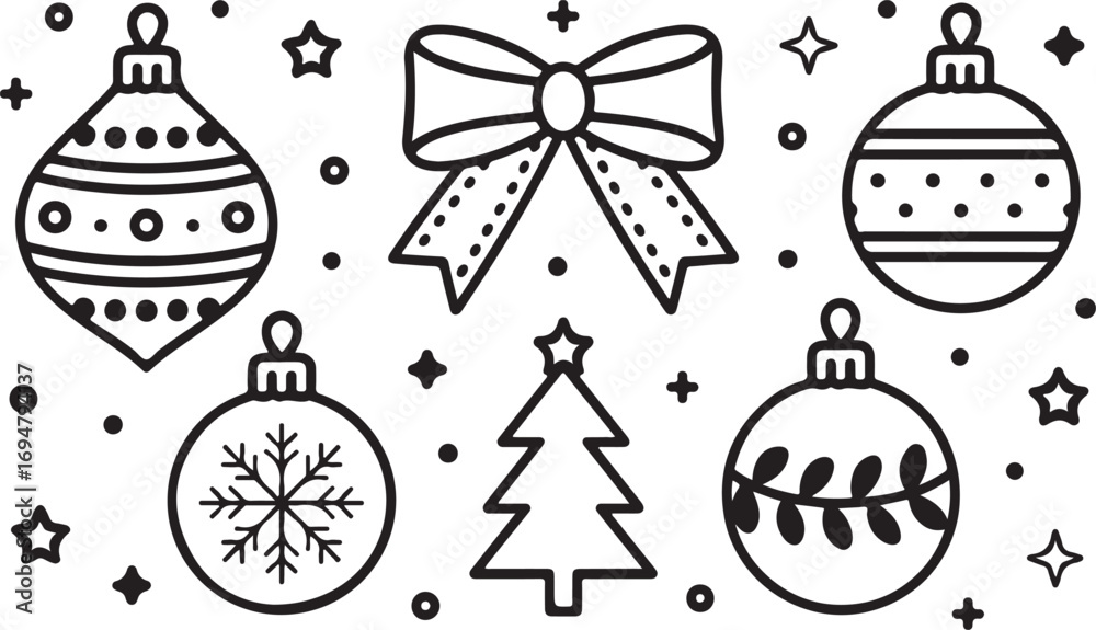 Fototapeta premium Festive Ornament Collection Line Art Holiday Decoration Elements Isolated on Transparent Backdrop