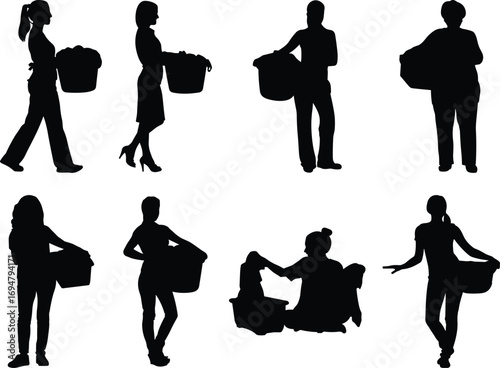 Laundry silhouette, household chore icon, woman with basket, domestic activity, black vector, cleaning task, lifestyle, home routine