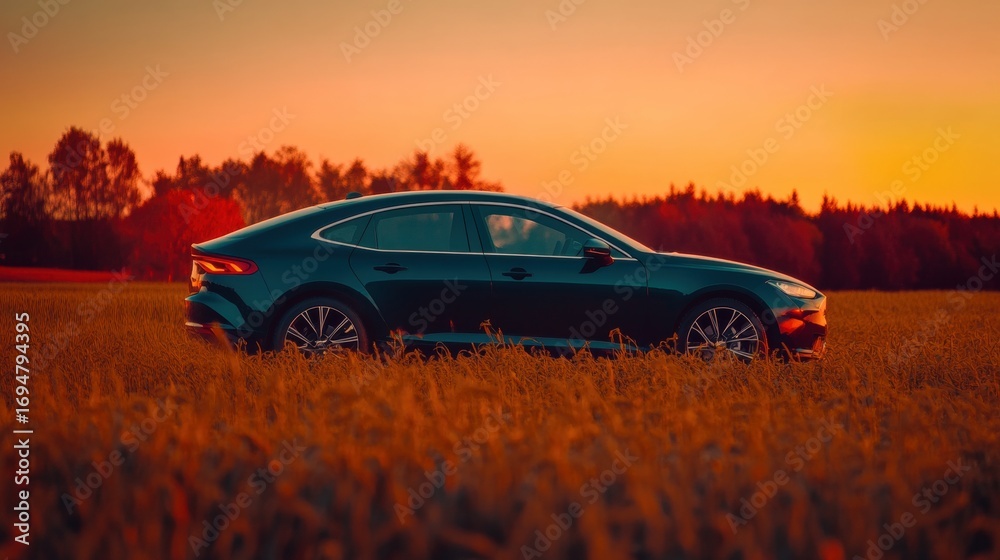 Fototapeta premium Elegant car parked in a golden field at sunset during the evening hours