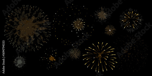 A collection of artistic gold and brown fireworks exploding against a dark black night sky
