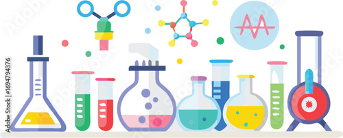 Isolated glassware with colorful chemical liquids in a science laboratory for research and analysis