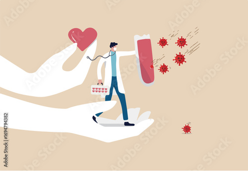 Support medical staffs, doctor, physician with love to fight COVID-19 Coronavirus outbreak spreading concept, doctor hero full of support and love holding shield to protect COVID-19 virus pathogen.