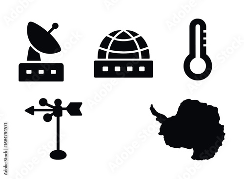 Antarctica exploration icons: satellite, observatory, thermometer, weather vane, continent
