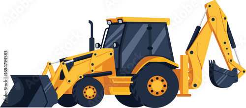 A yellow backhoe loader with a front bucket and rear excavator arm, isolated on a white background.