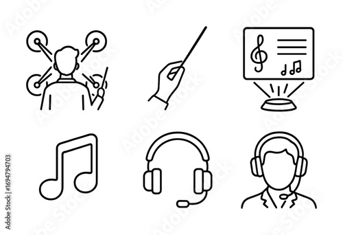 Music conductor and sound icons: headphones, notes, speaker, and baton outline