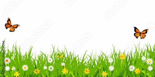 Two orange butterflies flying over a lush green meadow with white and yellow wildflowers