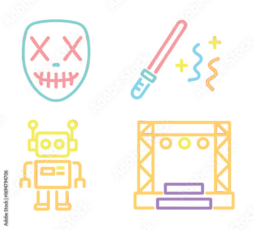 Neon pastel art: mask, wand, robot, and stage with soft colors and simple design