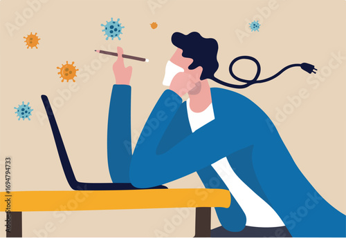 Coronavirus COVID-19 working at home and exhausted or burn out, low morale during social distancing quarantine or self isolation concept, boring and exhausted and low battery man working at home.