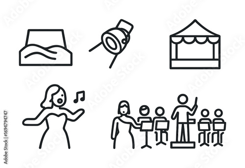 Concert icons: stage, spotlight, opera singer, orchestra conductor with musicians