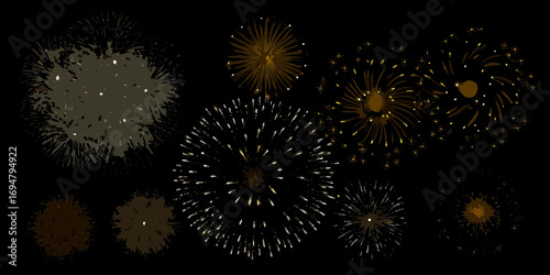 Exploding fireworks display in dark night sky with gold and white bursts