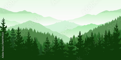 Serene green mountain landscape with layers of pine trees and distant hazy peaks