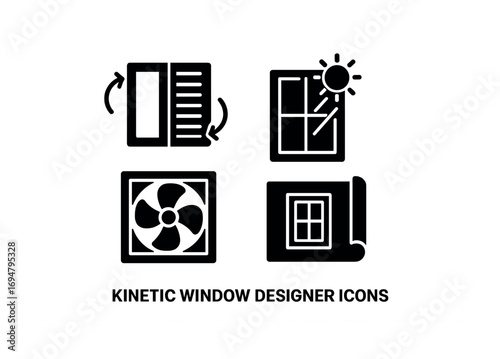 Kinetic window designer icons: rotation, sunlight, ventilation, blueprint symbols