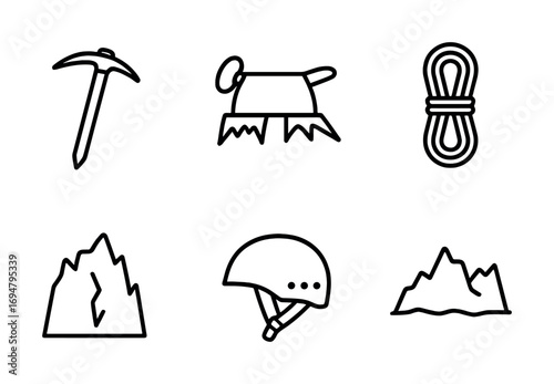 Minimalist mountaineering icons: ice axe, helmet, rope, mountains, crampons