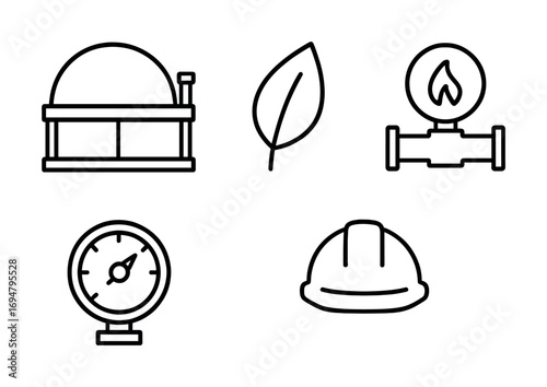 Energy and industry icons: gas, leaf, hard hat, pressure gauge, storage facility