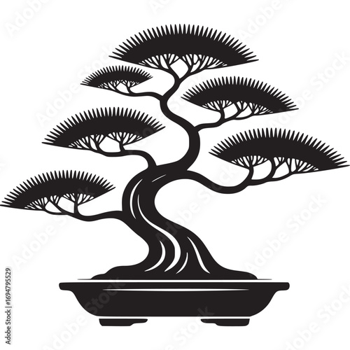 Vector art of stylized black silhouette of a bonsai tree in a pot, , symbolizing nature, art, and patience