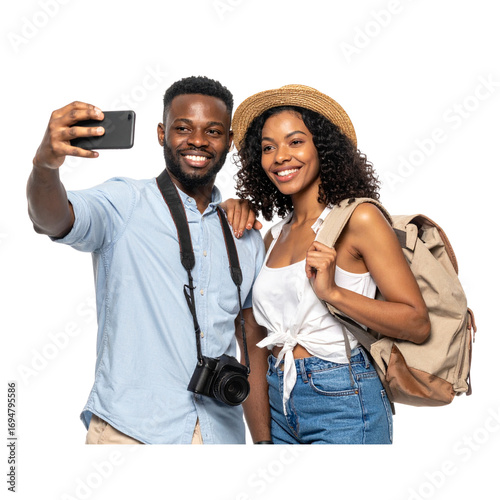 Happy young couple taking a selfie with a smartphone, smiling man and woman on summer vacations and travel, tourists isolated on transparent background, png file