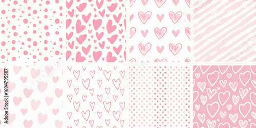 Collection of eight seamless pink heart and polka dot patterns for valentine s day or romantic themes