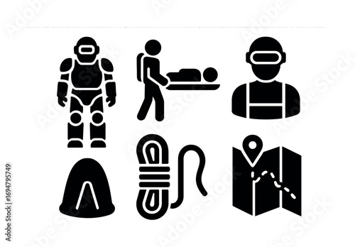 Rescue equipment icons: robot, rescue team, safety gear, rope, map navigation