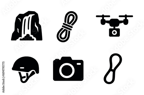 Adventure icons: waterfall, rope, drone, helmet, camera, knot
