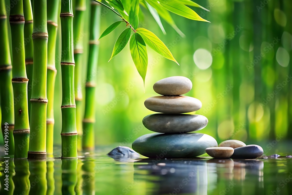 Naklejka premium Zen garden composition with bamboo and stacked stones in peaceful setting