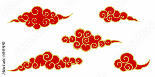 Traditional chinese red and gold auspicious clouds pattern isolated on white background
