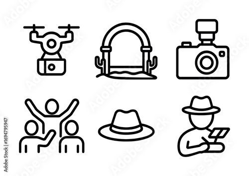 Drone, well, camera, group, hat, detective icons - simple black and white line art