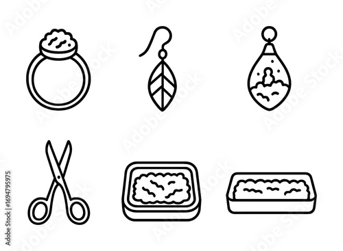 Black outline icons of ring, earring, pendant, scissors, soap, and soap dish