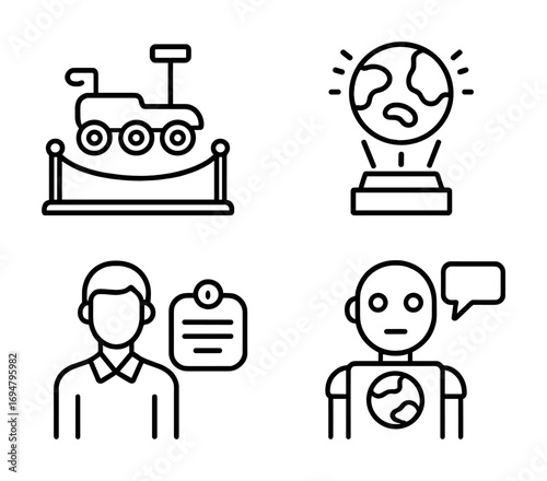 Icon set: mars rover, earth globe, male avatar, robot with speech bubble