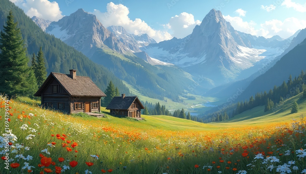 Obraz premium Rustic wooden houses sit in vibrant wildflower meadow with majestic mountains in background. Serene landscape captures summer beauty with colorful flowers, rich greenery, offering peaceful rural