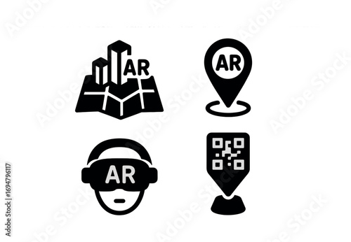 Augmented reality icons: map, location, headset, qr marker
