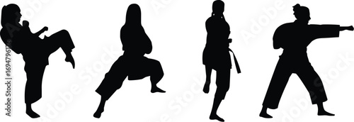 Martial arts silhouette collection, combat stances, striking poses, self-defense techniques, black vector icon, training illustration, discipline movement