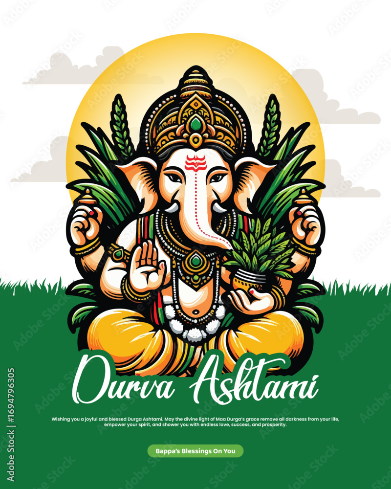 Obraz premium Durva Ashtami celebration, offering Durva grass to Lord Ganesha, spiritual and traditional ritual.