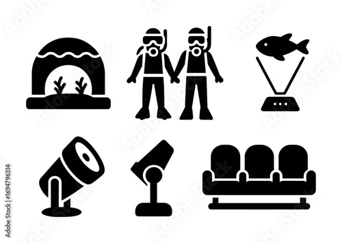 Silhouette icons of underwater adventure, telescope, lamp, fish bowl, and sofa