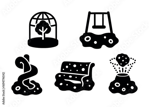 Playground equipment icons: swing, bench, slide, see-saw, tree shelter