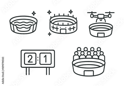Outline icons of sports stadium, swimming pool, drone, scoreboard, and audience