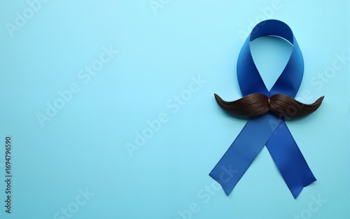 Symbol for support men. Top view on blue Ribbon with mustache for supporting people living and illness. Healthcare, International men, Father and World cancer day concept. Flat lay, copy space